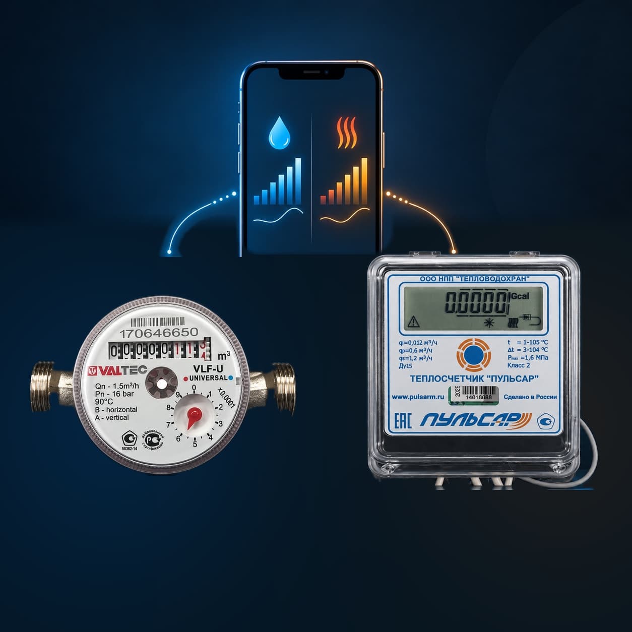Счётчики воды VALTEC и тепла ПУЛЬСАР рядом со смартфоном в схеме автоматической передачи показаний